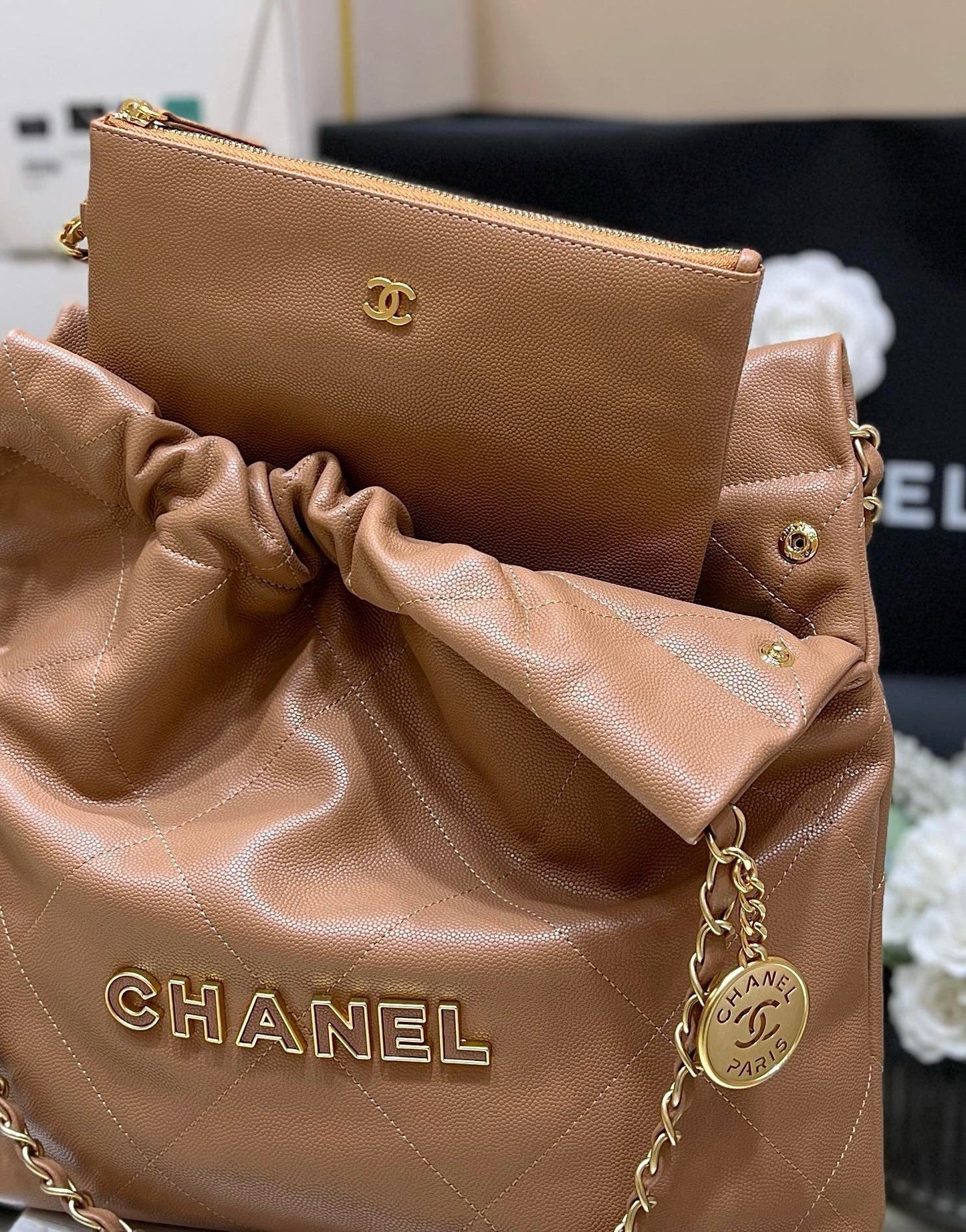 GABRIELLE HOBO BAG 35 IN CAMEL BROWN GRAINED CALFSKIN