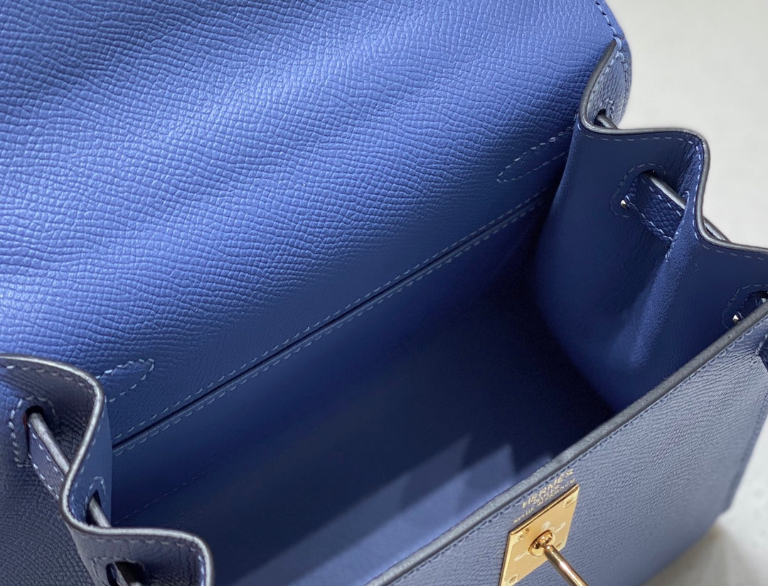 KELLY MINI 20 BAG IN AZURE BLUE CALFSKIN WITH GOLD HARDWARE