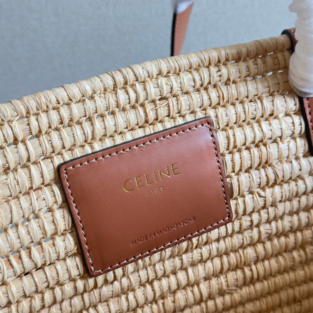 CLASSIC PANIER MEDIUM BRAIDED TRIOMPHE 47 IN BEIGE RAFFIA AND CALFSKIN
