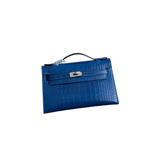 HM 26S KELLY MINI 22MM IN DARK BLUE CROC EMBOSSED CALFSKIN SILVER KELLY BUCKLE