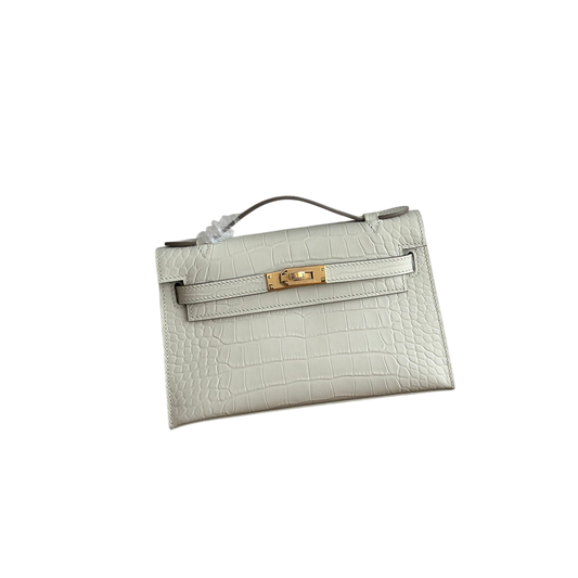 HM 26S KELLY MINI 22MM IN MILKY WHITE CROC EMBOSSED CALFSKIN GOLD KELLY BUCKLE