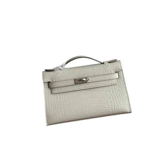 HM 26S KELLY MINI 22MM IN MILKY WHITE CROC EMBOSSED CALFSKIN SILVER KELLY BUCKLE