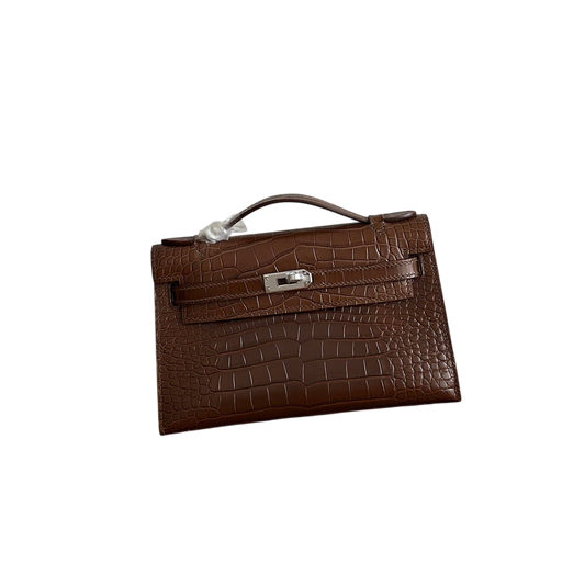 HM 26S KELLY MINI 22MM IN DARK BROWN CROC EMBOSSED CALFSKIN SILVER KELLY BUCKLE