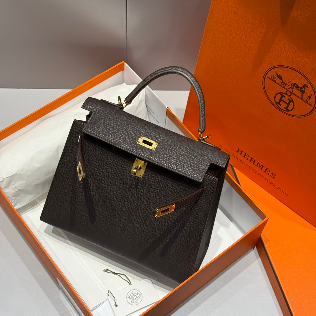 KELLY 25CM IN EBENE EPSOM CALFSKIN GOLD HARDWARE